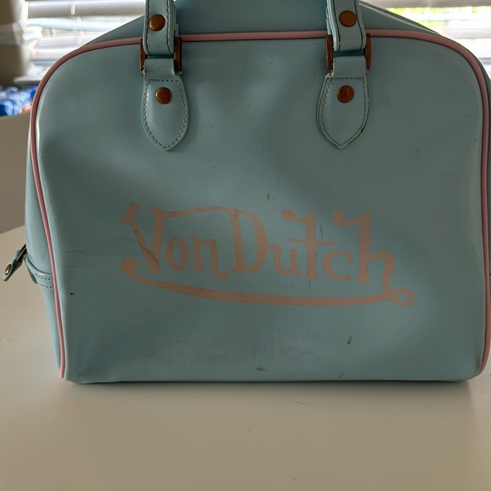 Y2K Von Dutch Baby Blue Pink Bowling Bag Duffel Purse Pocketbook Handbag Satchel